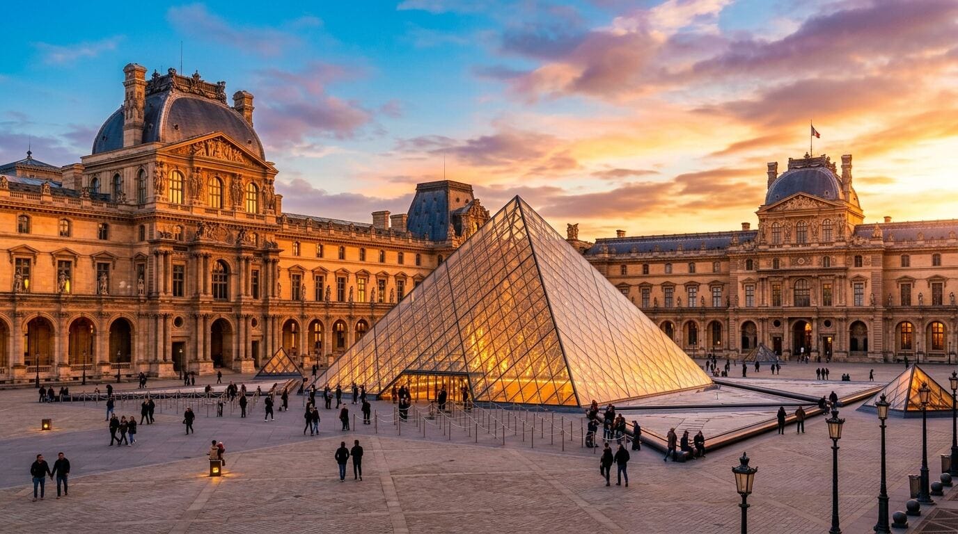 Louvre Museum Glass Pyramid at sunset Paris