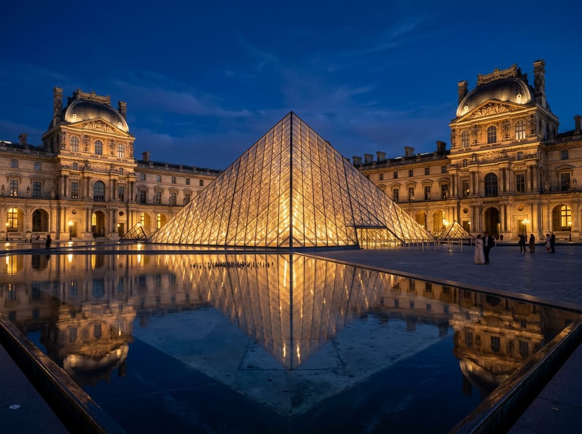 Visitors gathering at the Louvre glass pyramid entrance